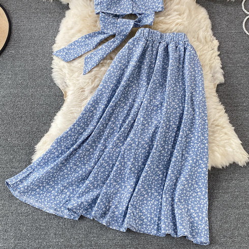 Floral Chiffon Square Neck Puff Sleeve Two Piece Skirt Set